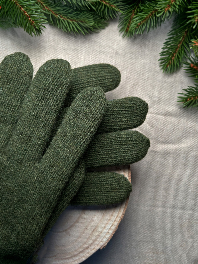 Khaki Wollhandschuhe mit beigem Kaschmirfutter