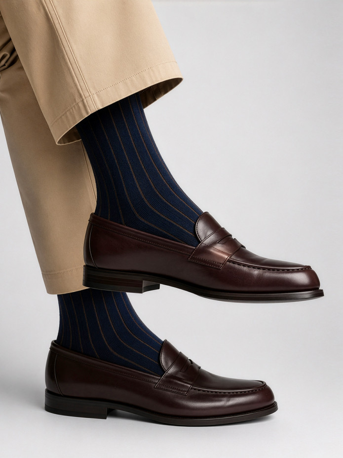 Gestreifte Fil-d'Écosse-Socken Marineblau und Braun
