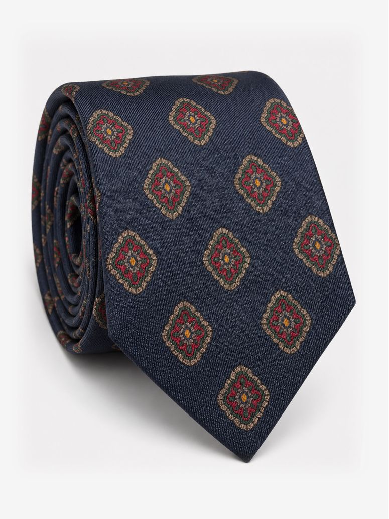 Krawatte aus Marineblau-Seide mit Retro-Motiven