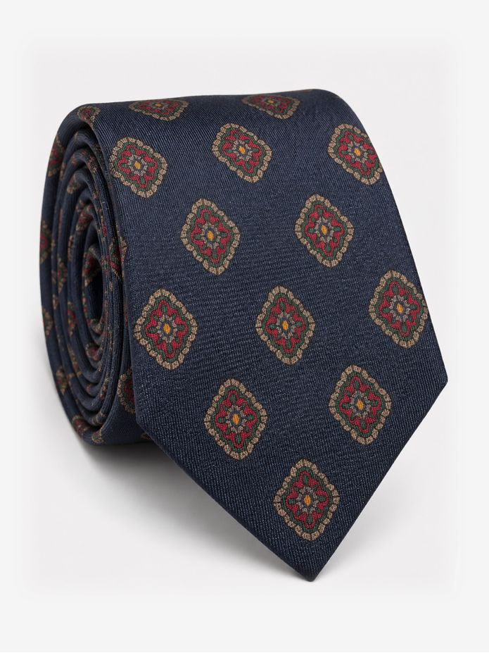 Krawatte aus Marineblau-Seide mit Retro-Motiven