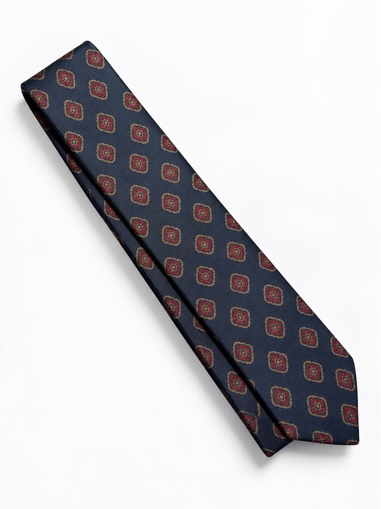 Krawatte aus Marineblau-Seide mit Retro-Motiven
