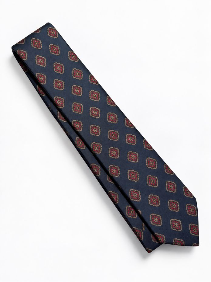 Krawatte aus Marineblau-Seide mit Retro-Motiven