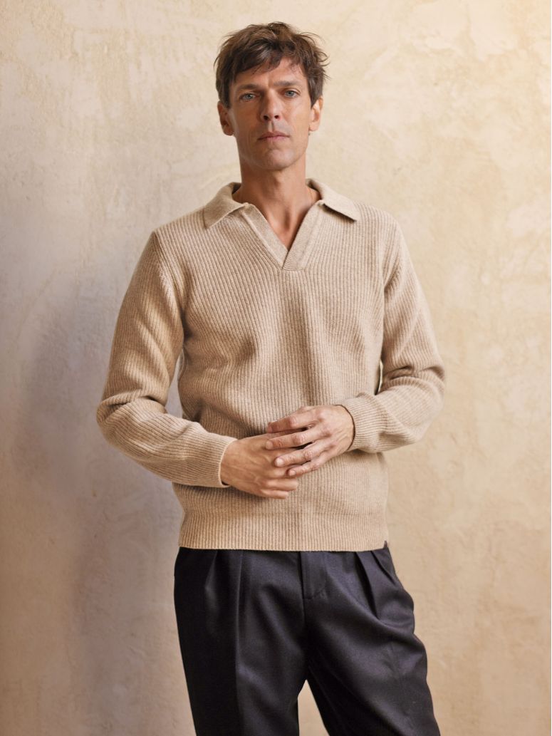 Strickpullover mit englischem Polokragen beige Finn