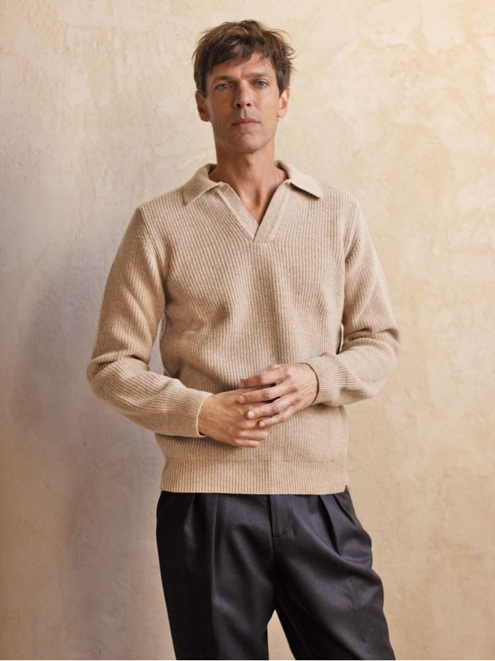 Strickpullover mit englischem Polokragen beige Finn