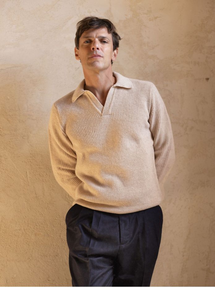 Strickpullover mit englischem Polokragen beige Finn